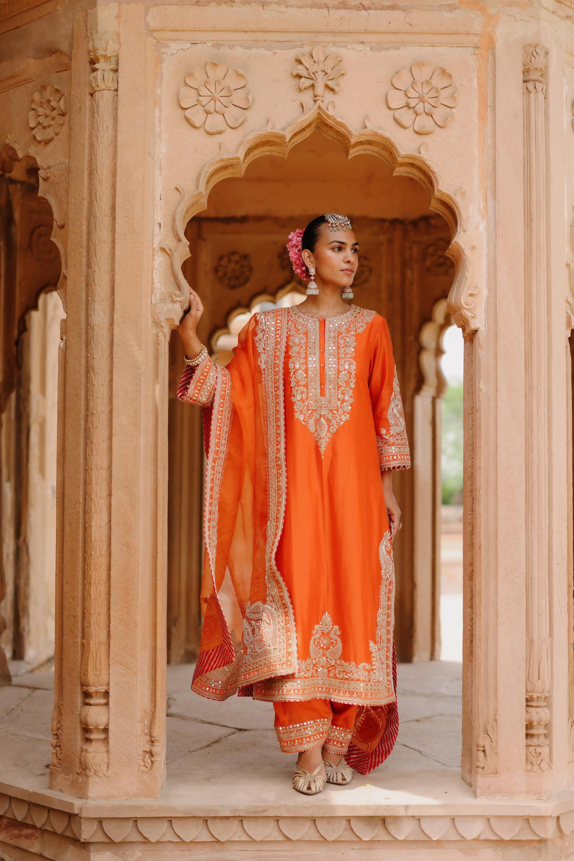 Umaira - Burnt Orange Long Kurta Set with Salwar & Dupatta