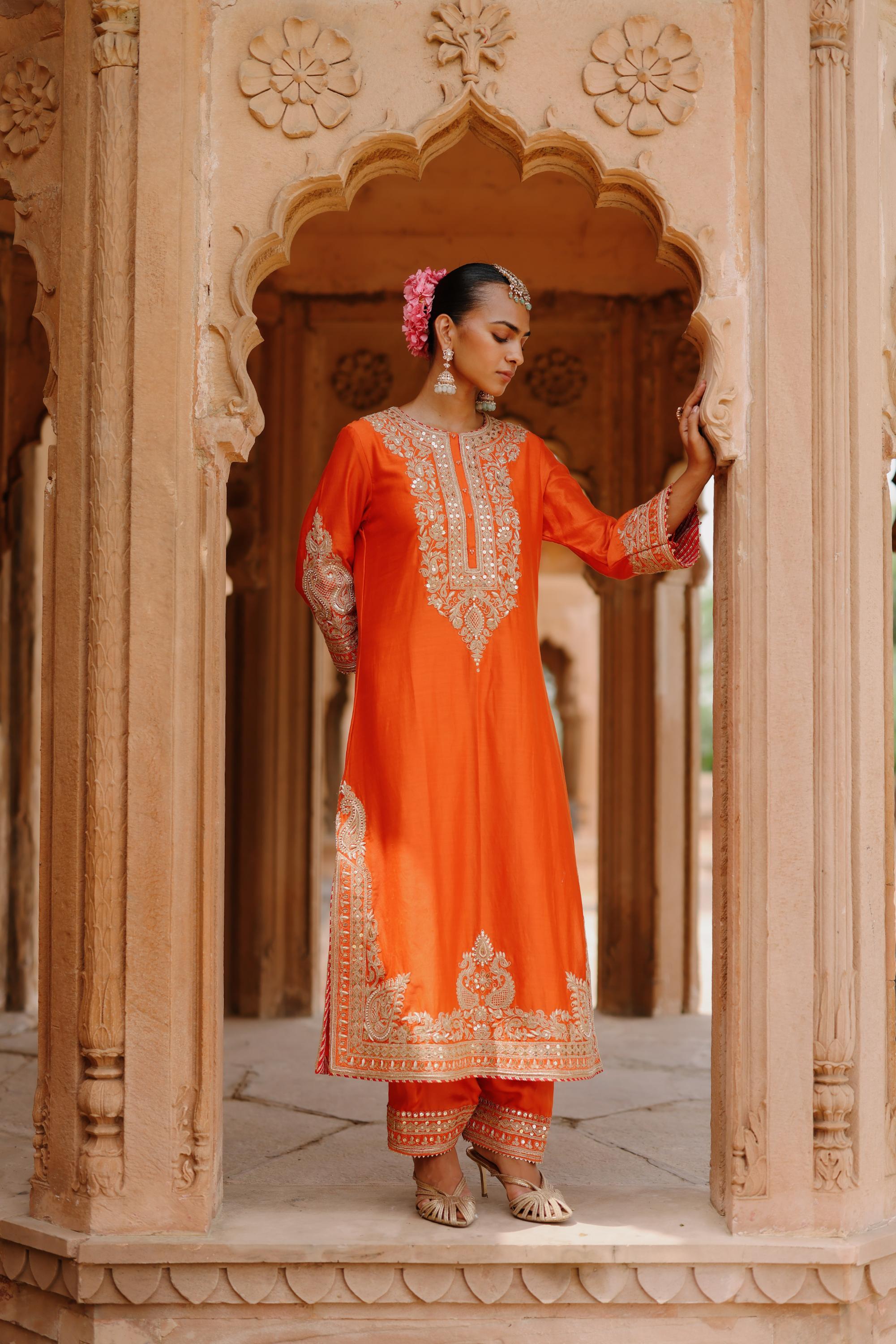 Umaira - Burnt Orange Long Kurta Set with Salwar & Dupatta