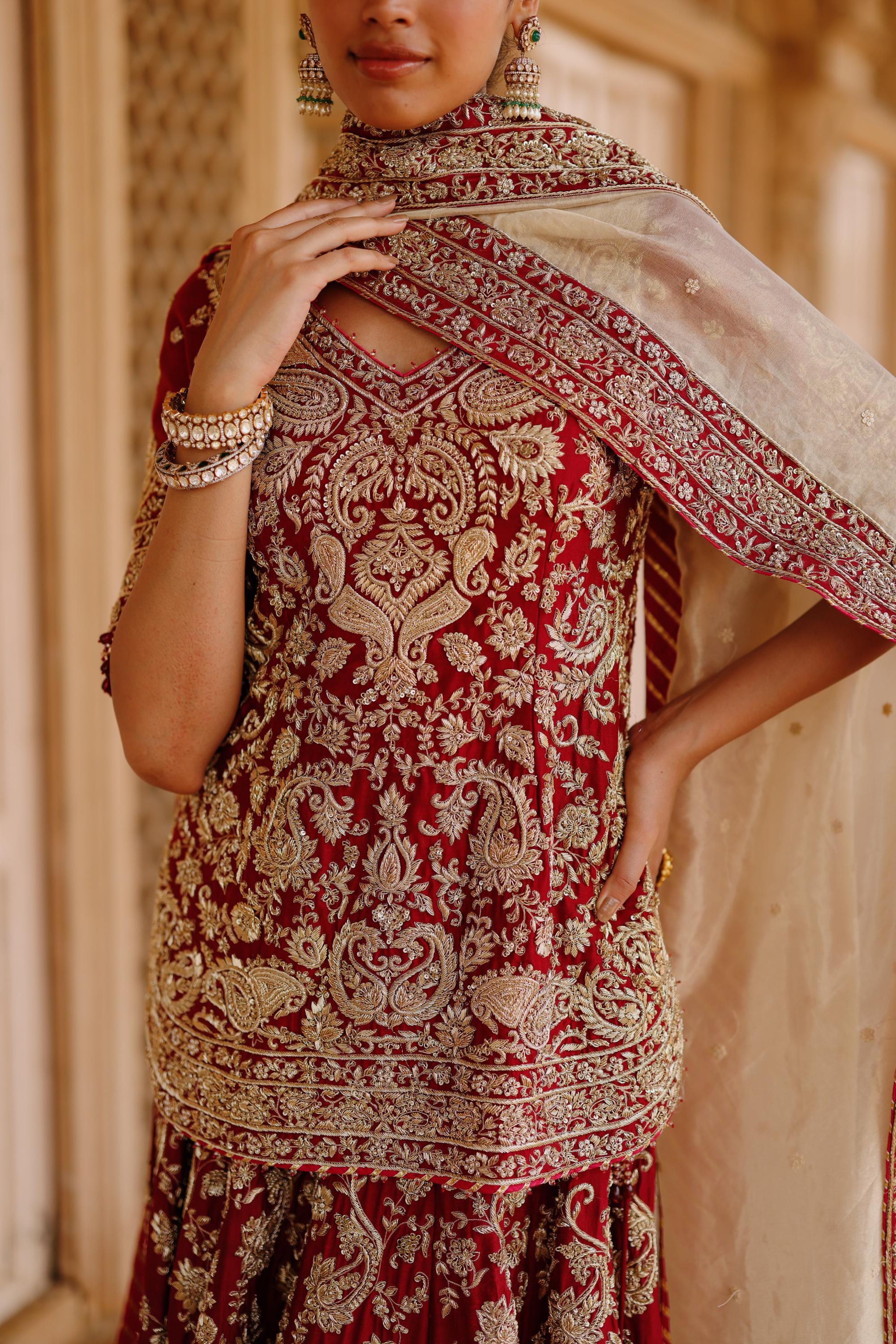 Merab - Deep Red Kurta Set with Lehenga & Dupatta