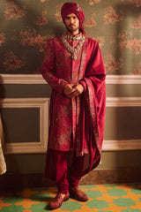 Wine Pitta Moti Silk Embroidered Sherwani