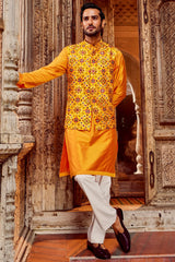 Haldi Raw Silk Mirror Embellished Bundi Set