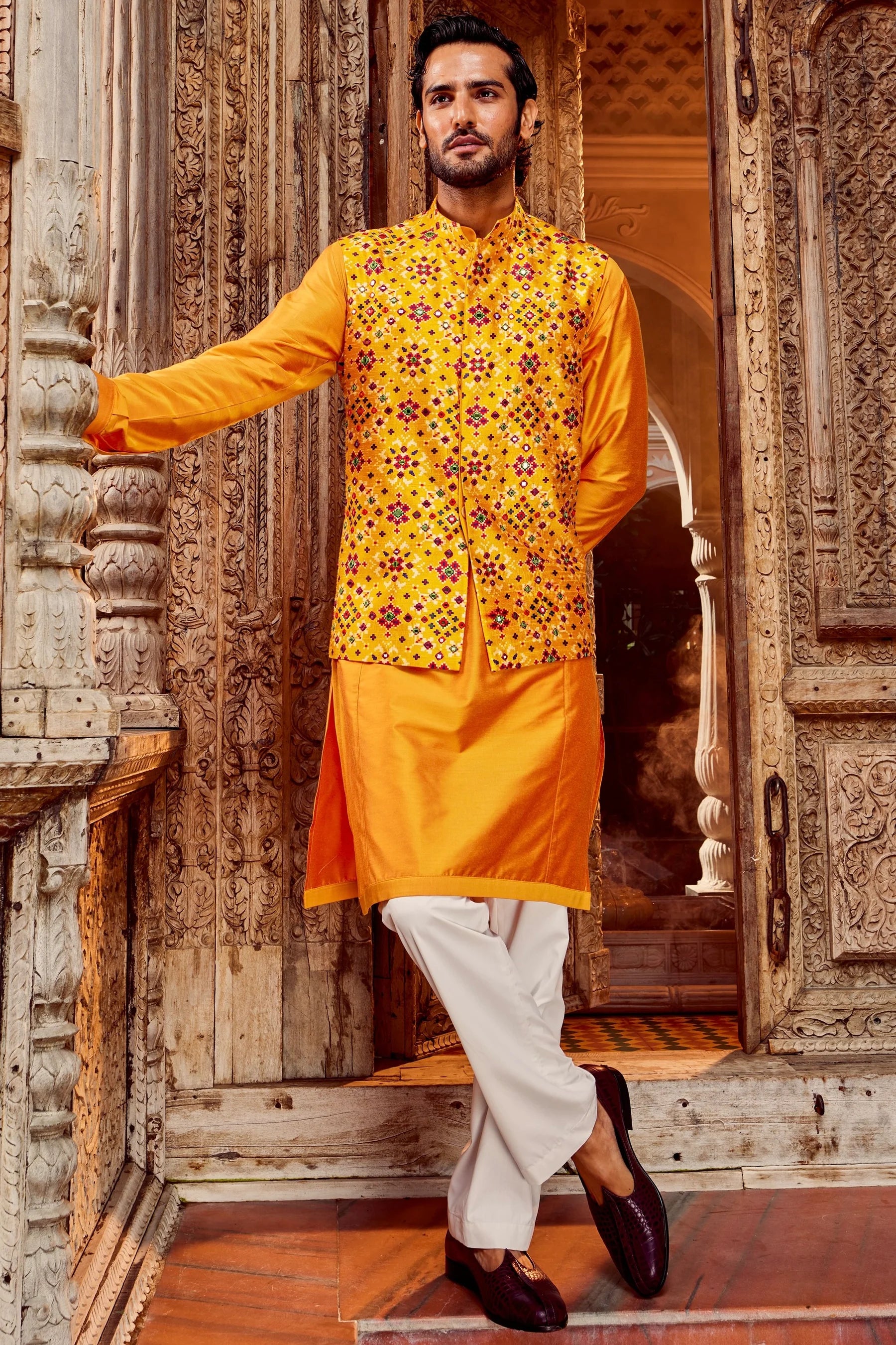 Haldi Raw Silk Mirror Embellished Bundi Set