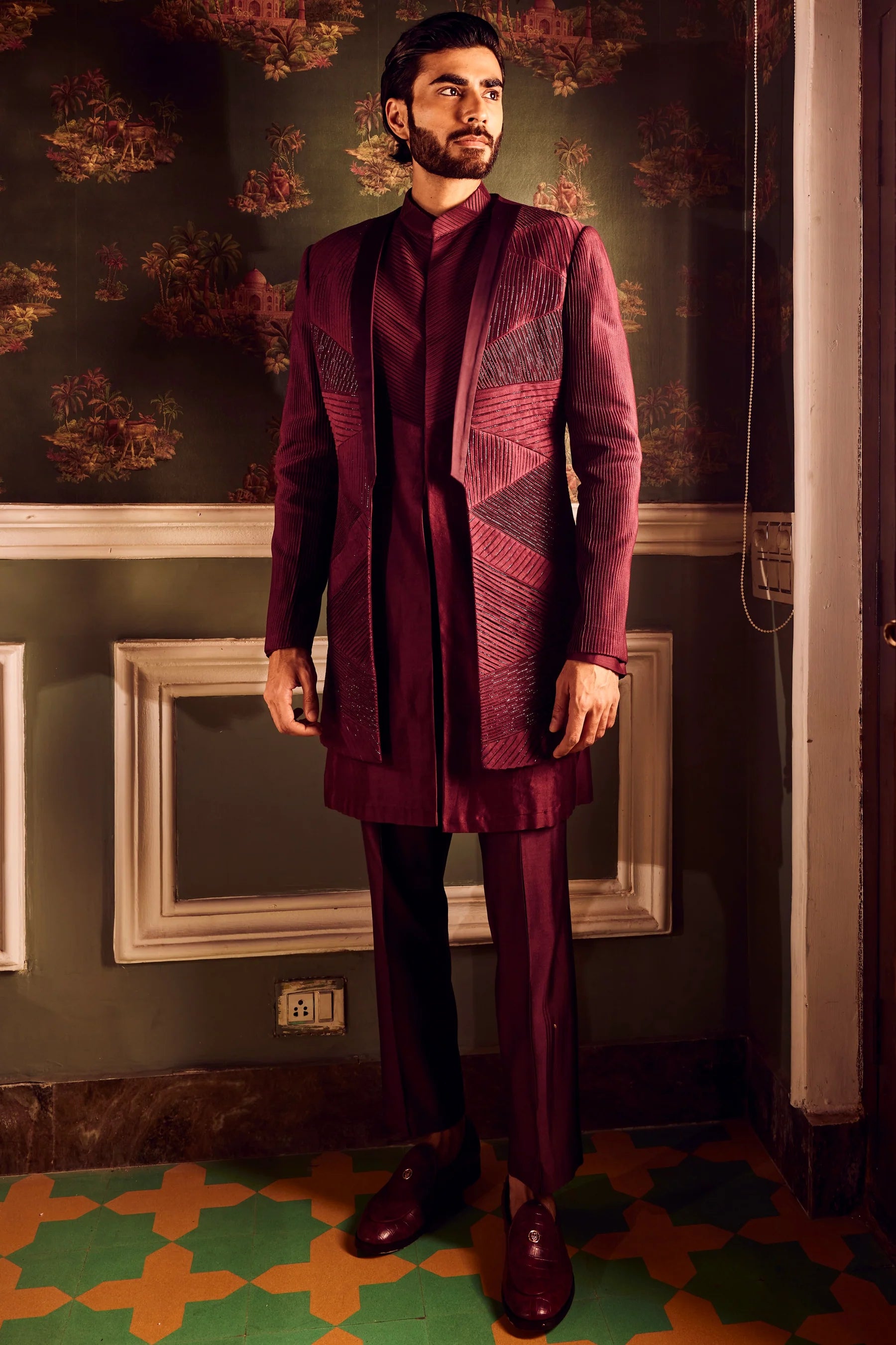 Maroon Chanderi Pintuck Cutdana Open Indowestern