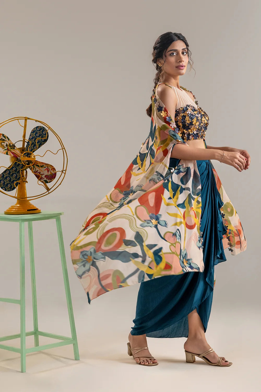 Flora Embroidered Drape Skirt Set with a Cape