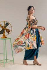 Flora Embroidered Drape Skirt Set with a Cape