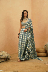 ZAYAN EMBELLISHED DRAPE SAREE WITH METALLIC  BUSTIER