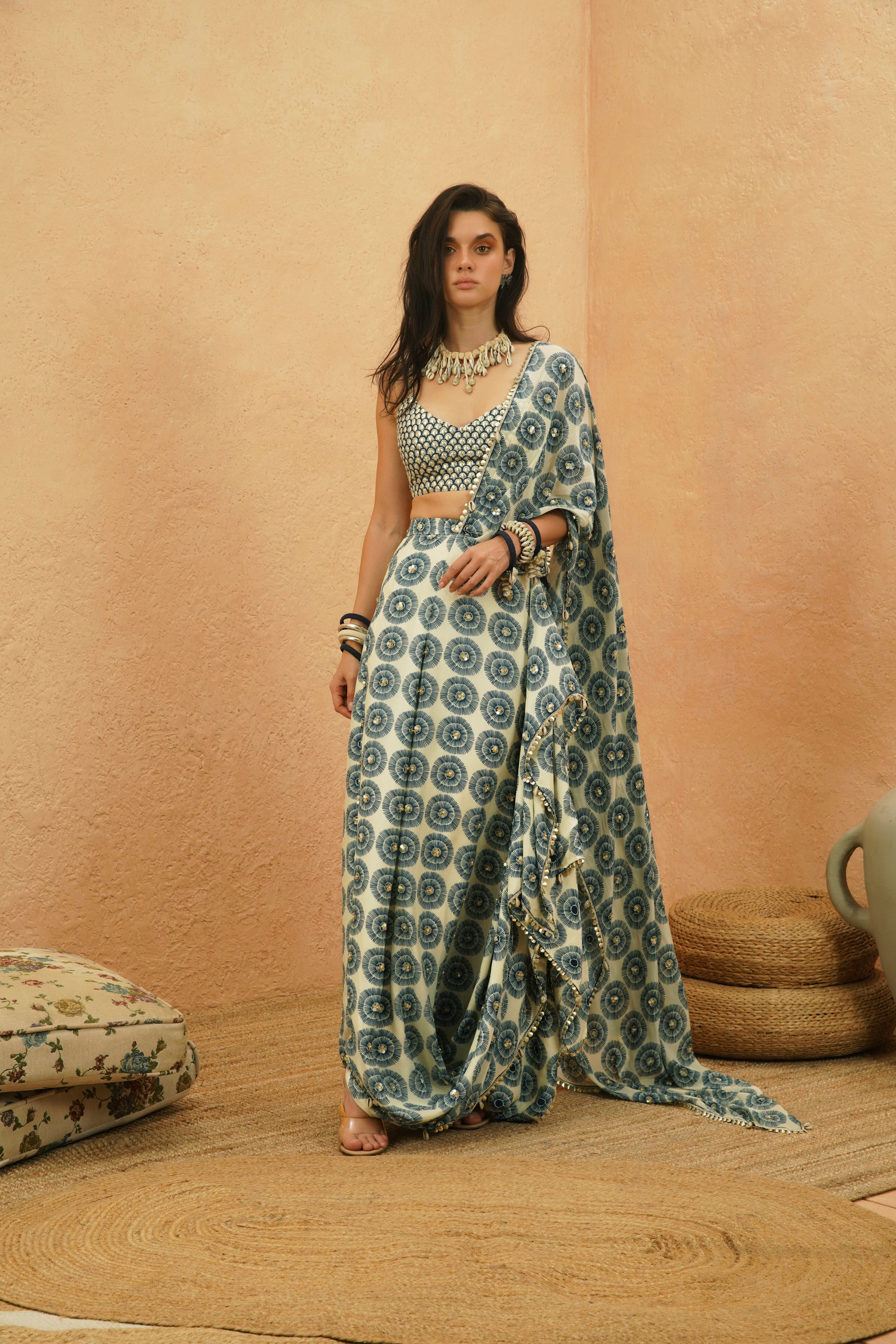ZAYAN EMBELLISHED DRAPE SAREE WITH METALLIC  BUSTIER