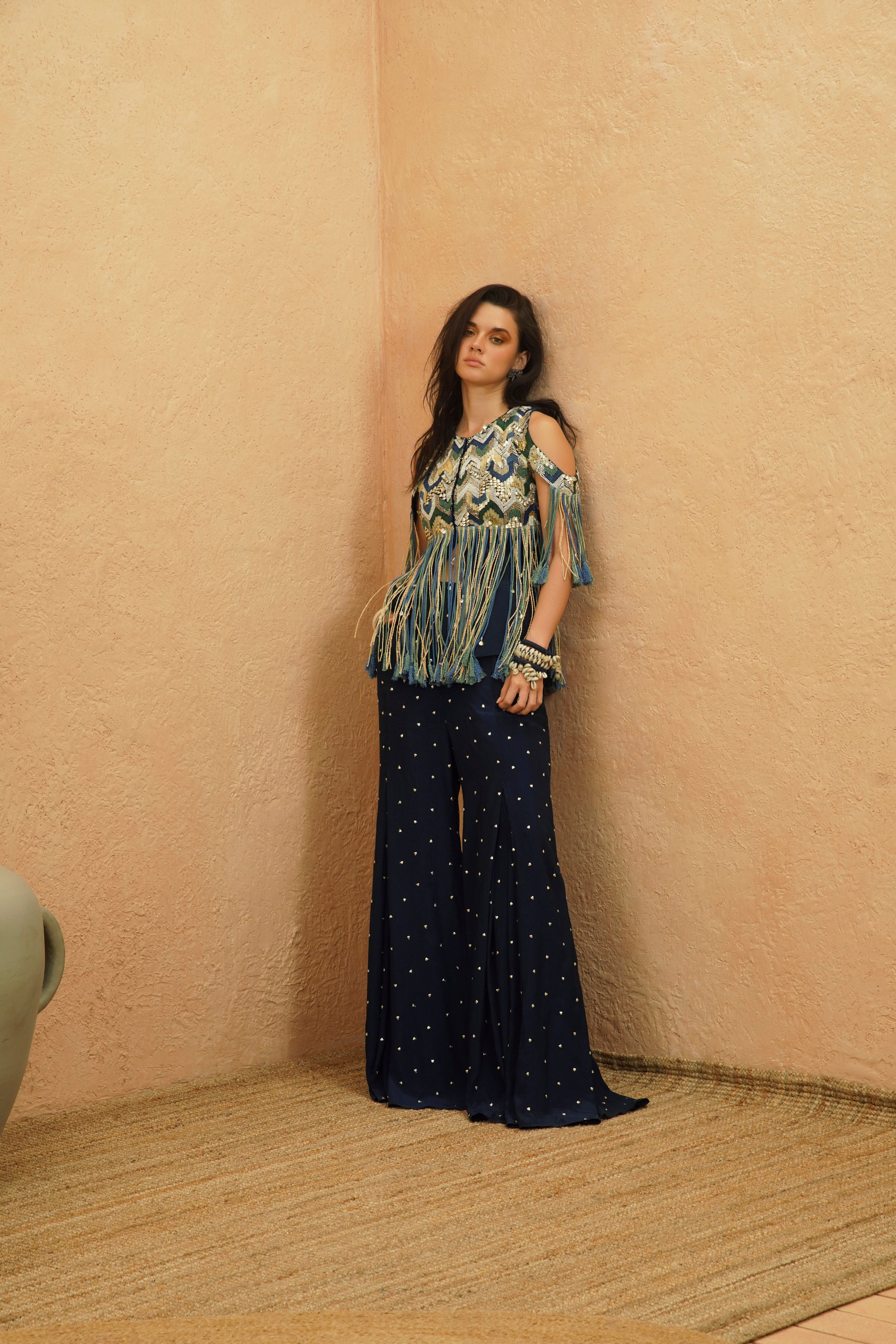 NADIRA COLD SHOULDER FRINGE JACKET AND PANT