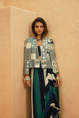 AFREEN CAPE JACKET WITH PRINTED DRAPE SKIRT AND BUSTIER