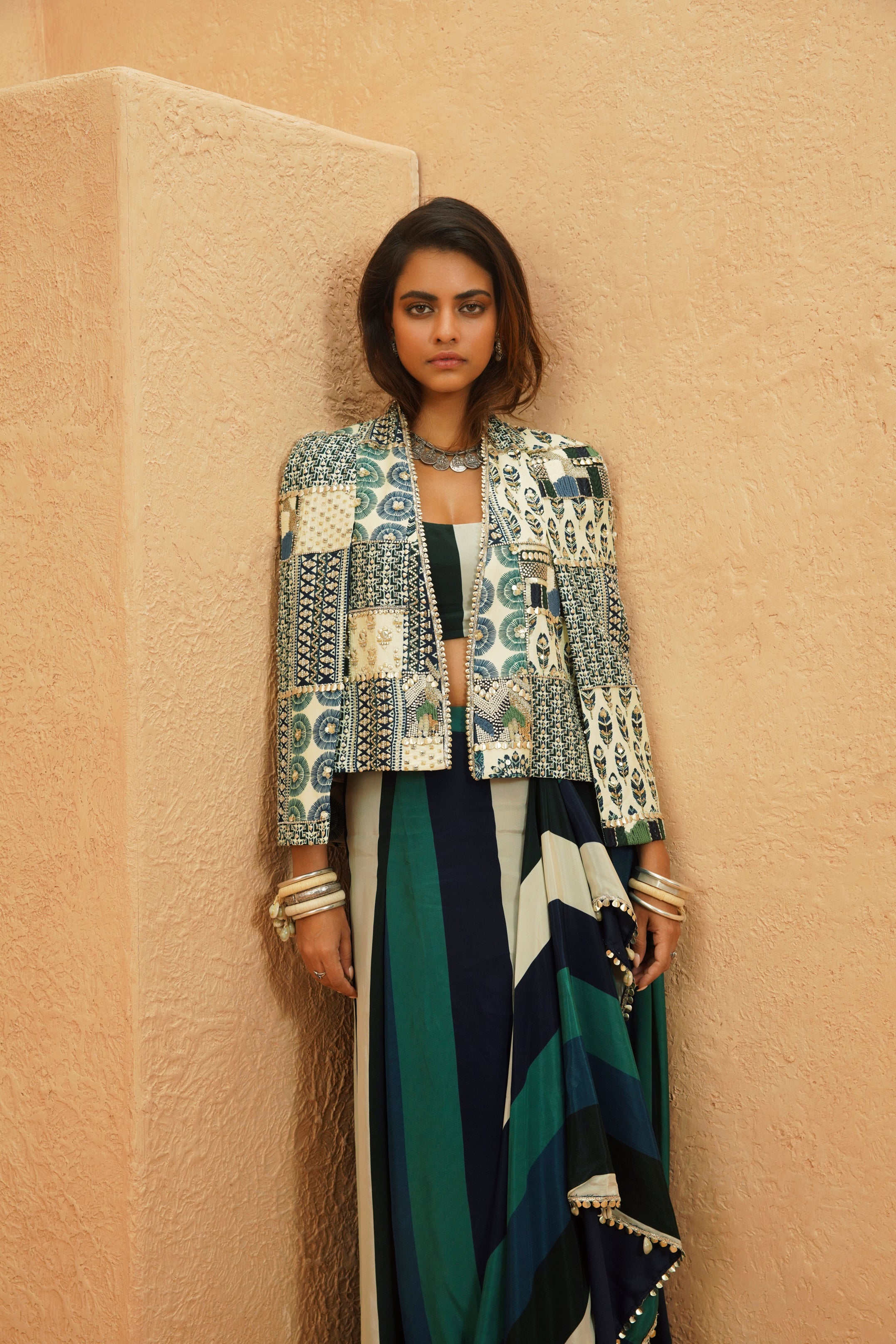 AFREEN CAPE JACKET WITH PRINTED DRAPE SKIRT AND BUSTIER