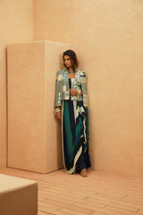 AFREEN CAPE JACKET WITH PRINTED DRAPE SKIRT AND BUSTIER