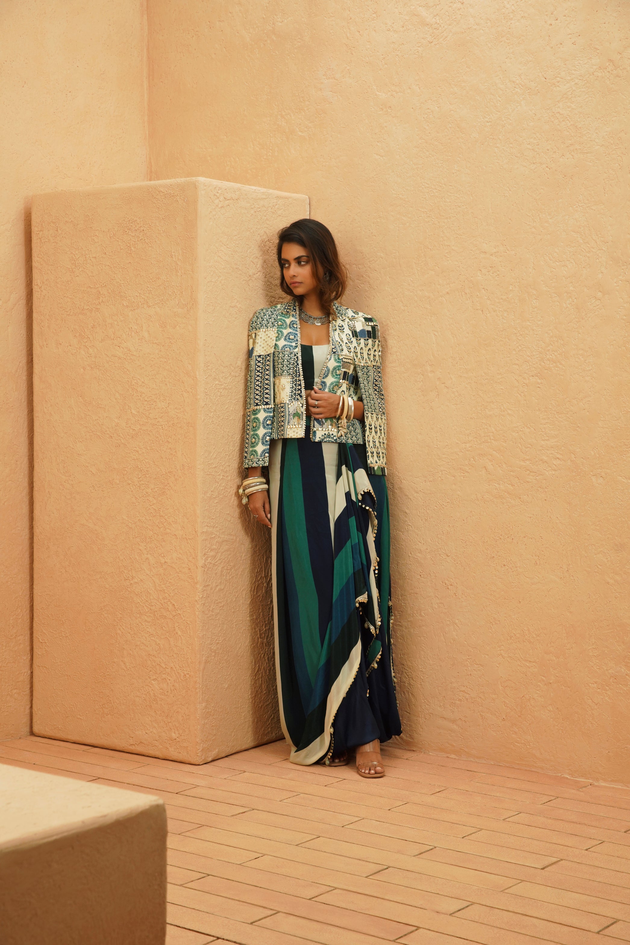 AFREEN CAPE JACKET WITH PRINTED DRAPE SKIRT AND BUSTIER