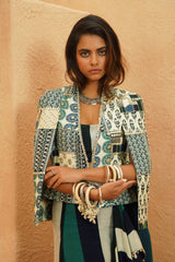 AFREEN CAPE JACKET WITH PRINTED DRAPE SKIRT AND BUSTIER