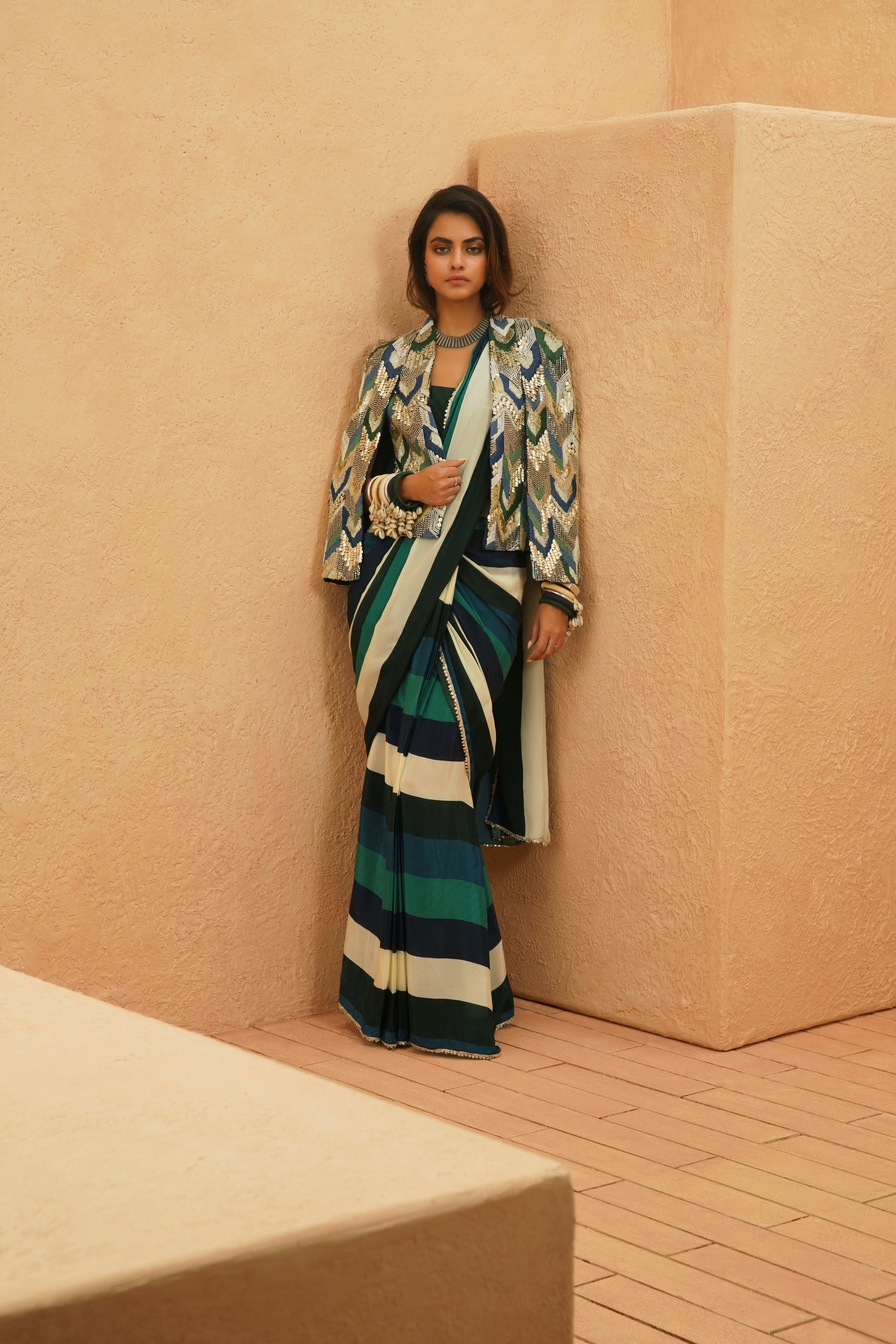 SUHANA STRIPE SAREE SET WITH EMBELLISHED CAPE JACKET