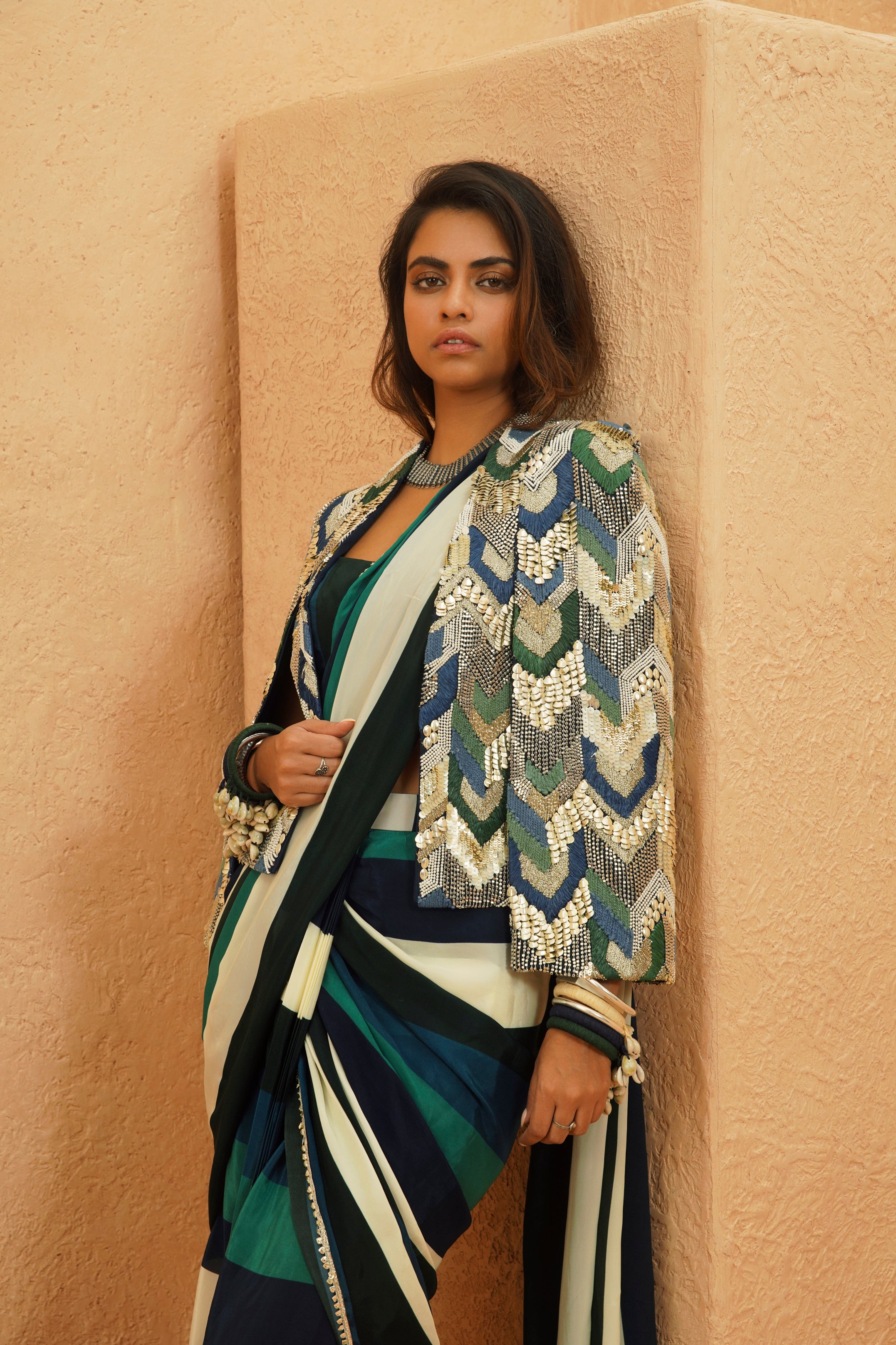SUHANA STRIPE SAREE SET WITH EMBELLISHED CAPE JACKET
