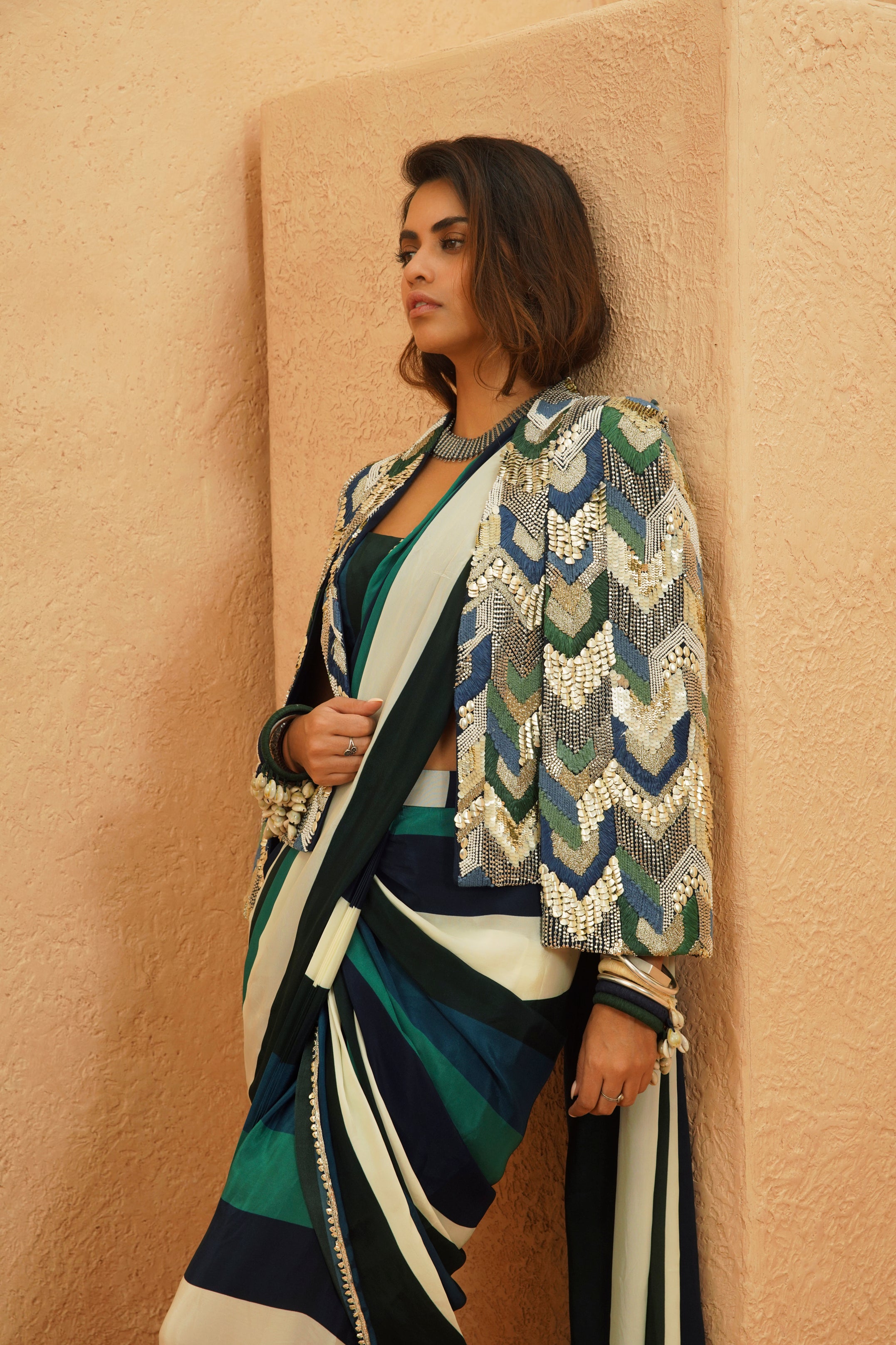 SUHANA STRIPE SAREE SET WITH EMBELLISHED CAPE JACKET