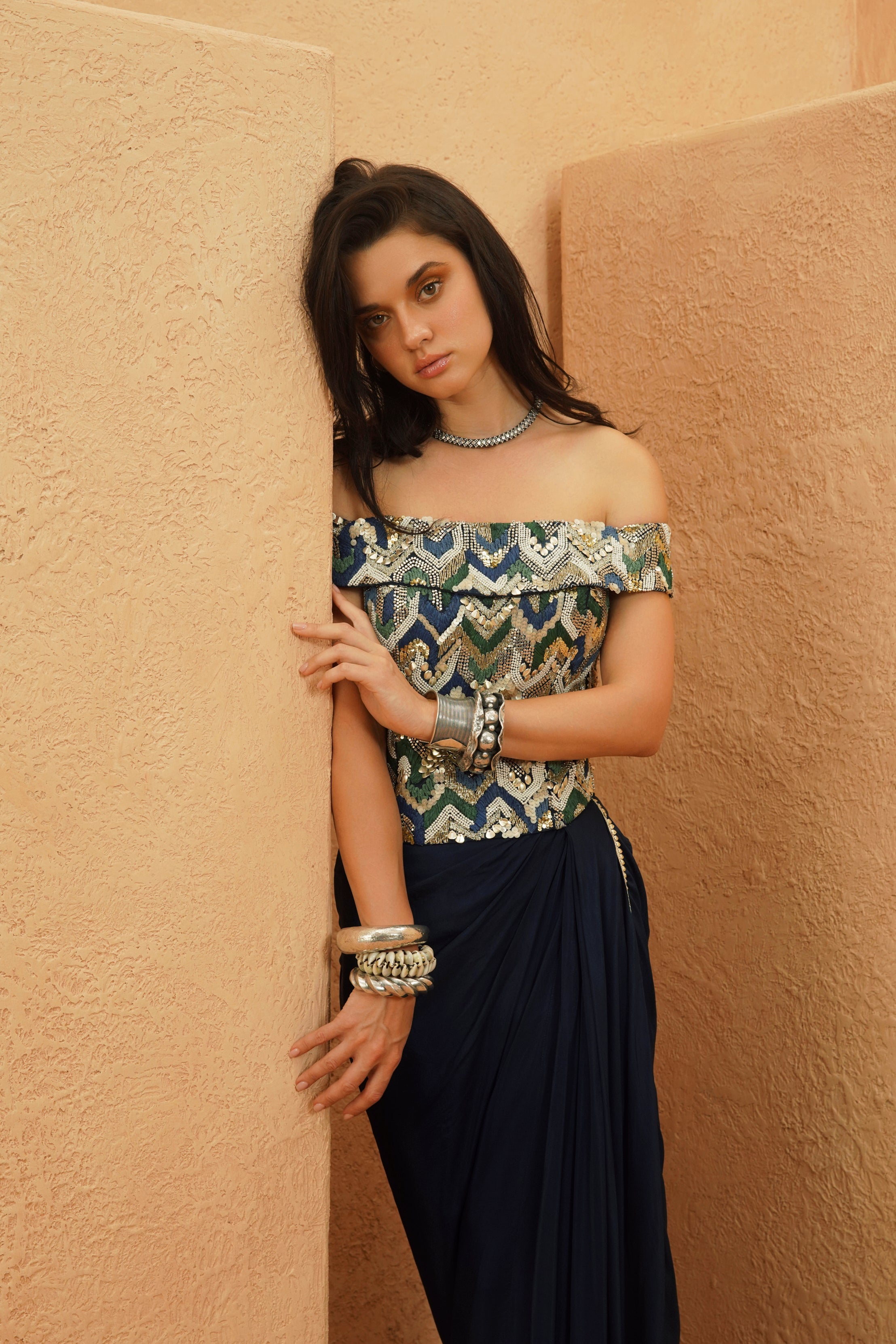 TAHA EMBELLISHED CORSET WITH DRAPE SKIRT