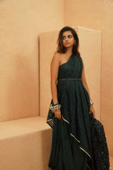 RAYAN CUTWORK ONE SHOULDER DRAPE TOP AND COWL SKIRT