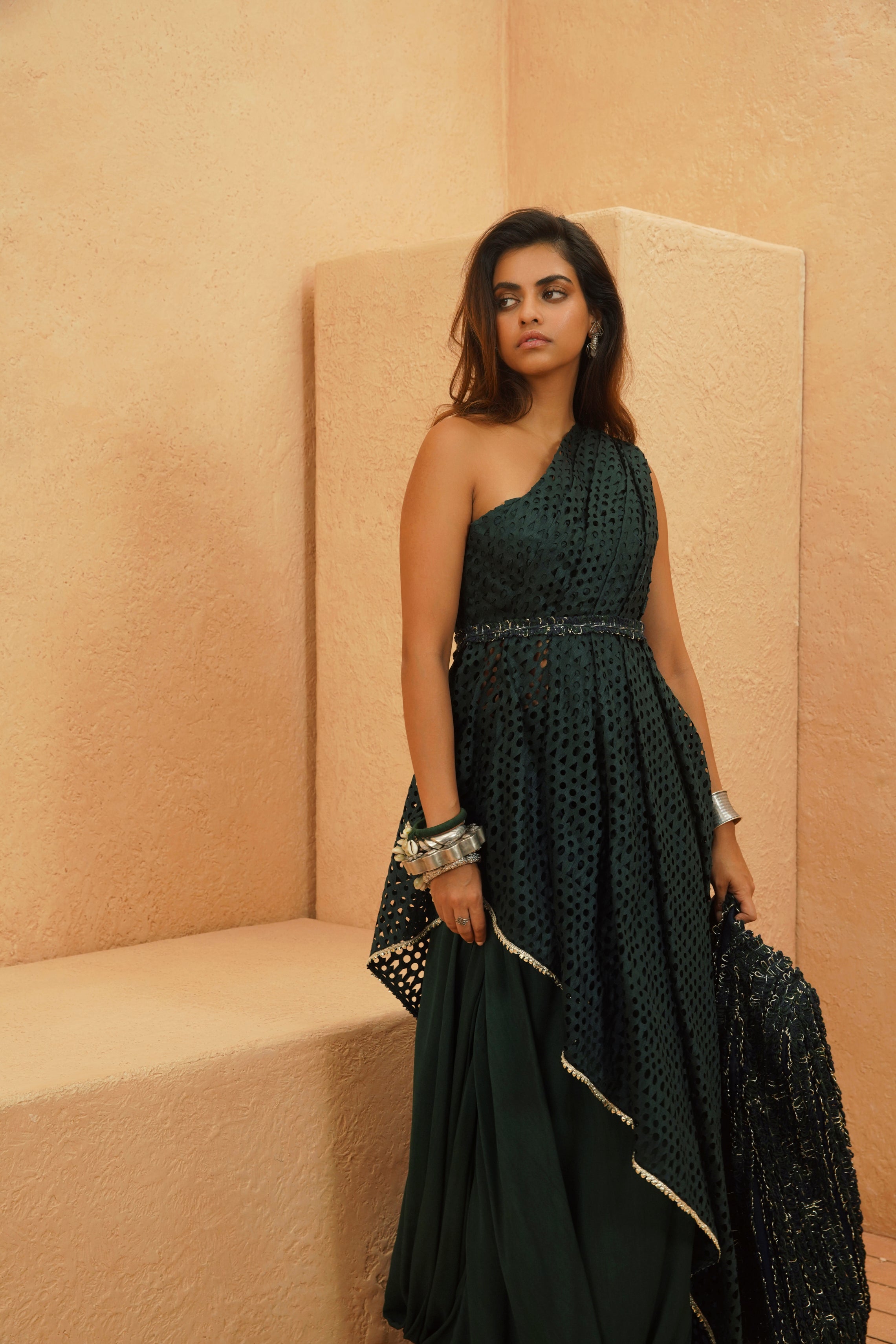 RAYAN CUTWORK ONE SHOULDER DRAPE TOP AND COWL SKIRT
