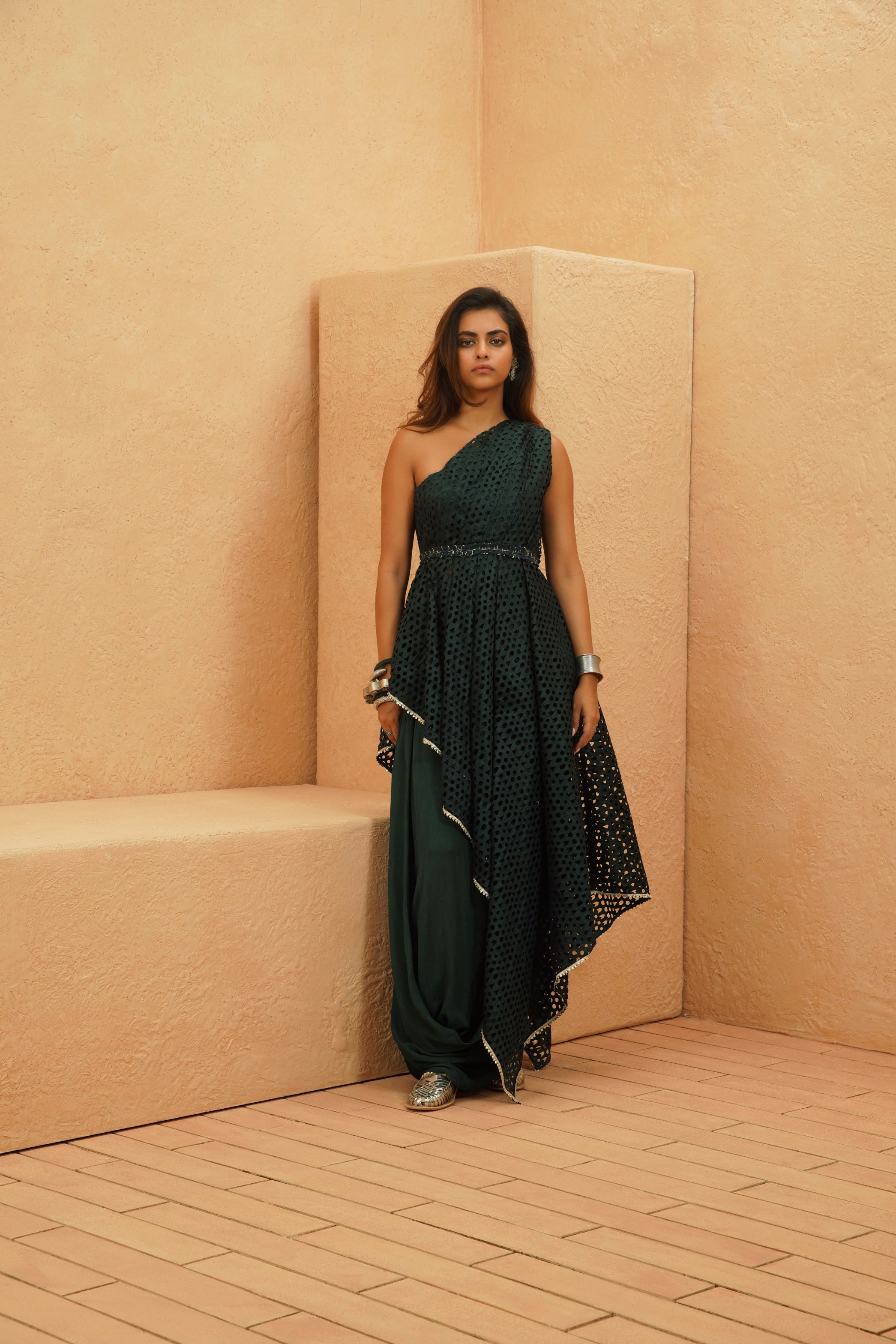 RAYAN CUTWORK ONE SHOULDER DRAPE TOP AND COWL SKIRT
