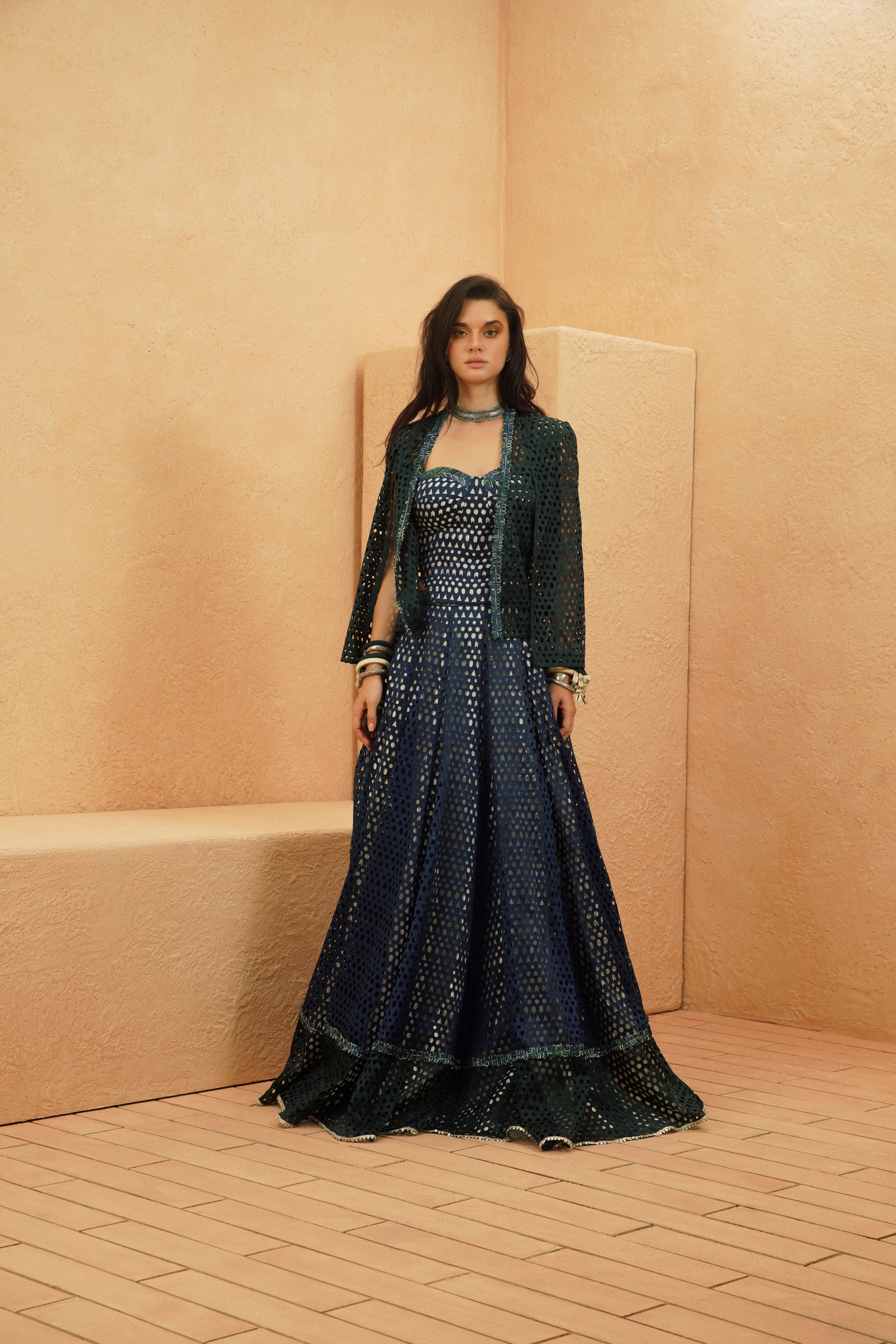SAMAHA CUTWORK CAPE JACKET WITH CORSET AND LEHENGA