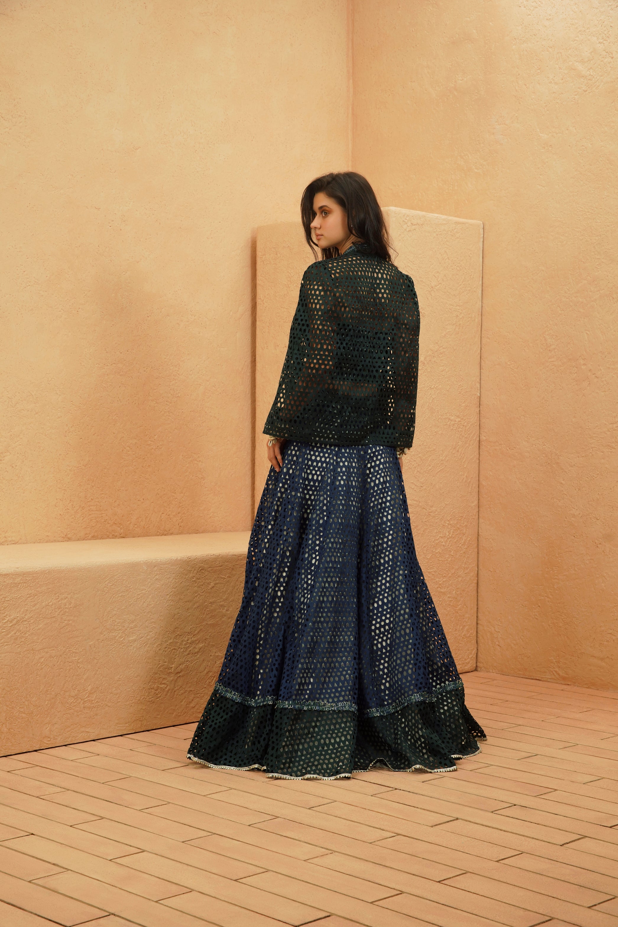 SAMAHA CUTWORK CAPE JACKET WITH CORSET AND LEHENGA