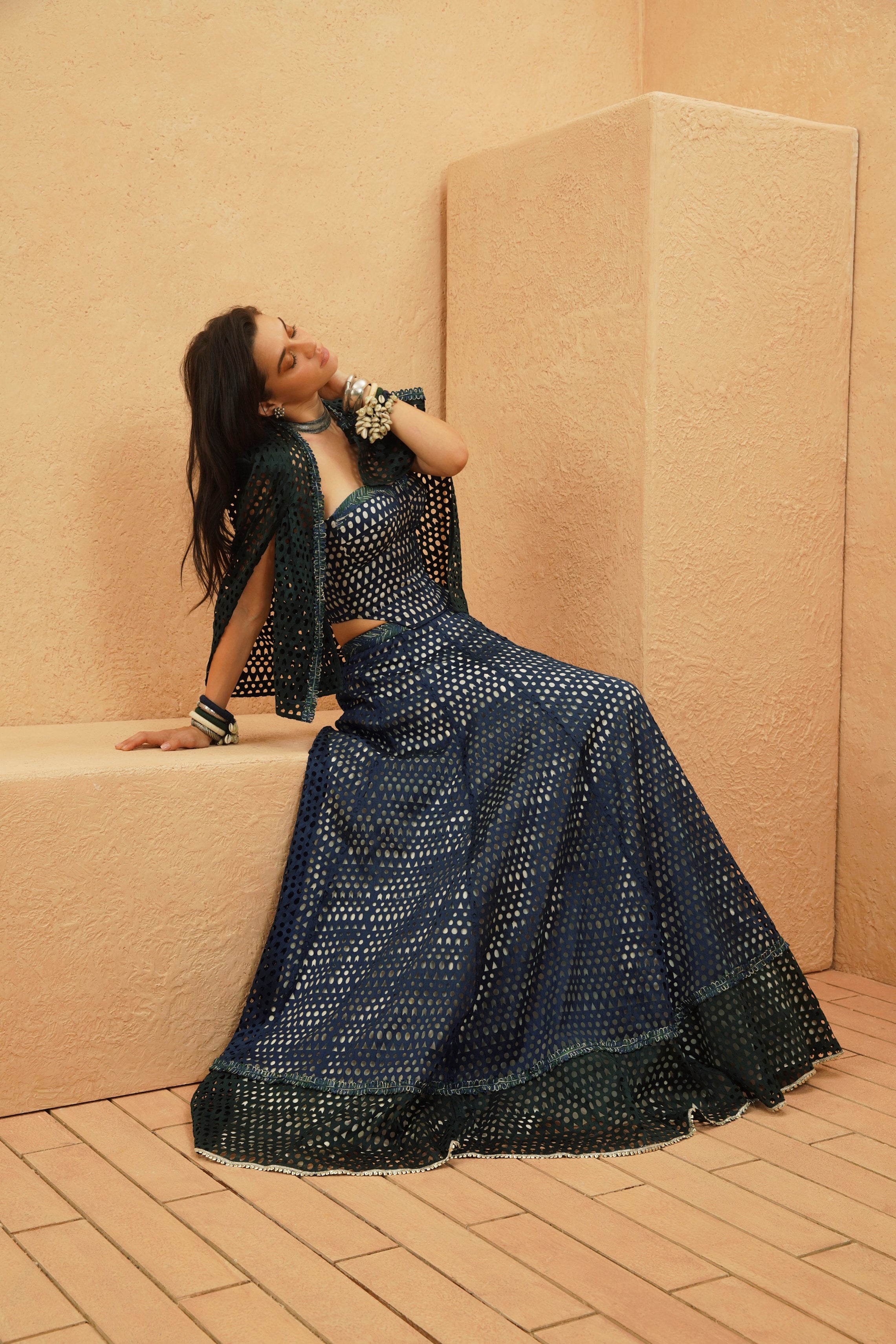 SAMAHA CUTWORK CAPE JACKET WITH CORSET AND LEHENGA