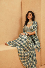 ZAYNA CAPE WITH METALLIC BUSTIER AND DRAPE SKIRT