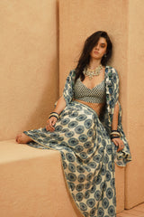 ZAYNA CAPE WITH METALLIC BUSTIER AND DRAPE SKIRT