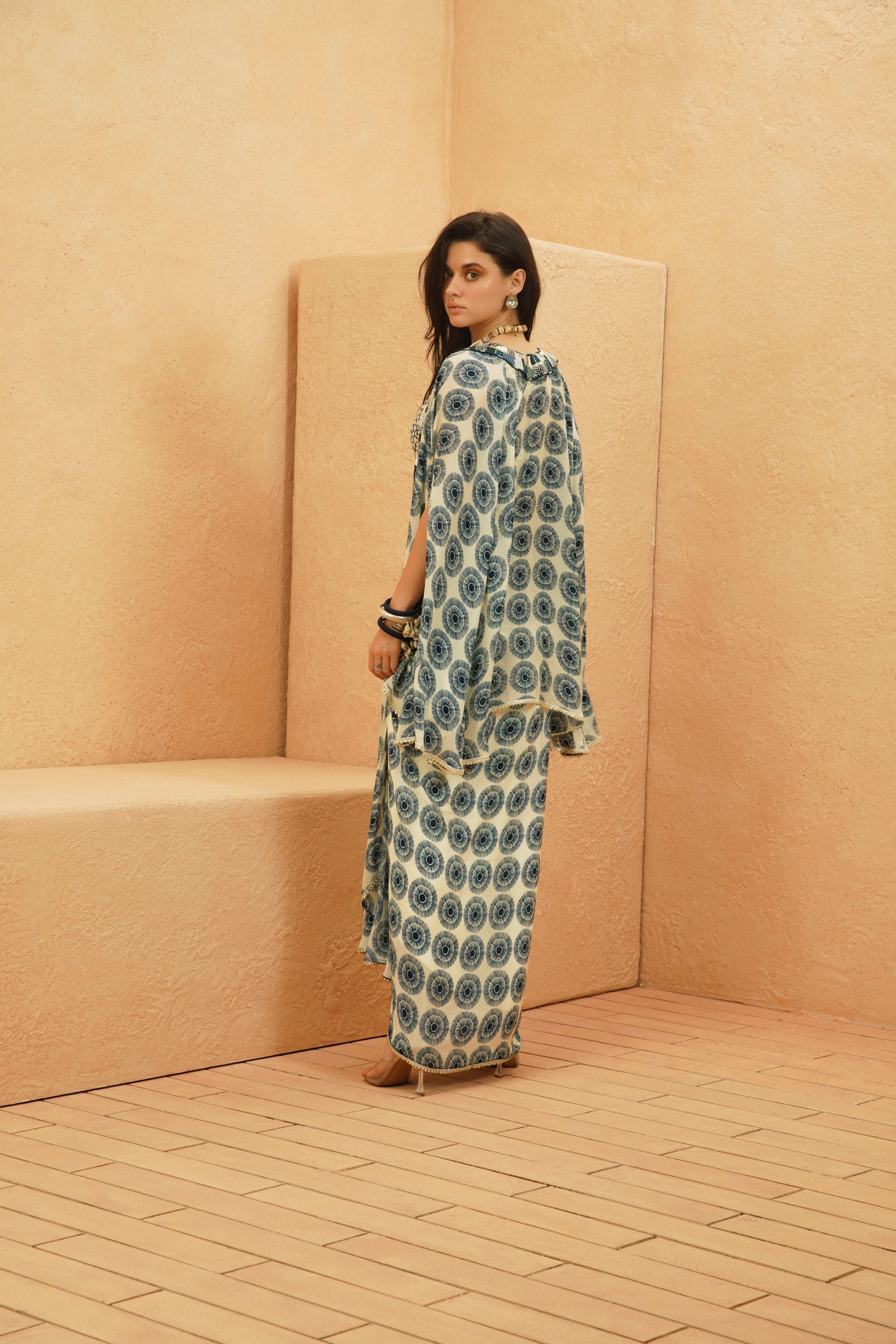ZAYNA CAPE WITH METALLIC BUSTIER AND DRAPE SKIRT