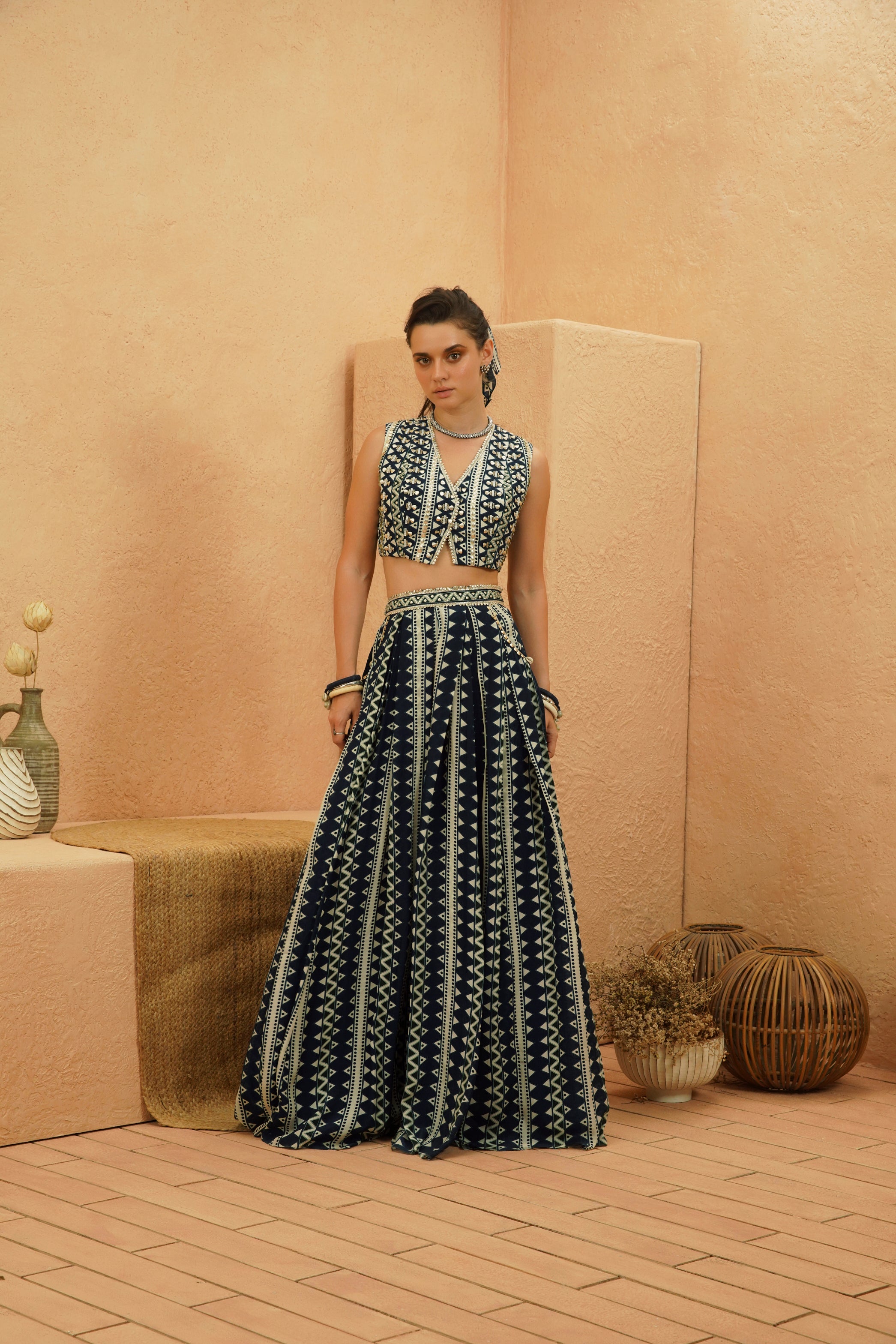 ZURI EMBELLISHED CROP TOP AND PLEATED SKIRT SET
