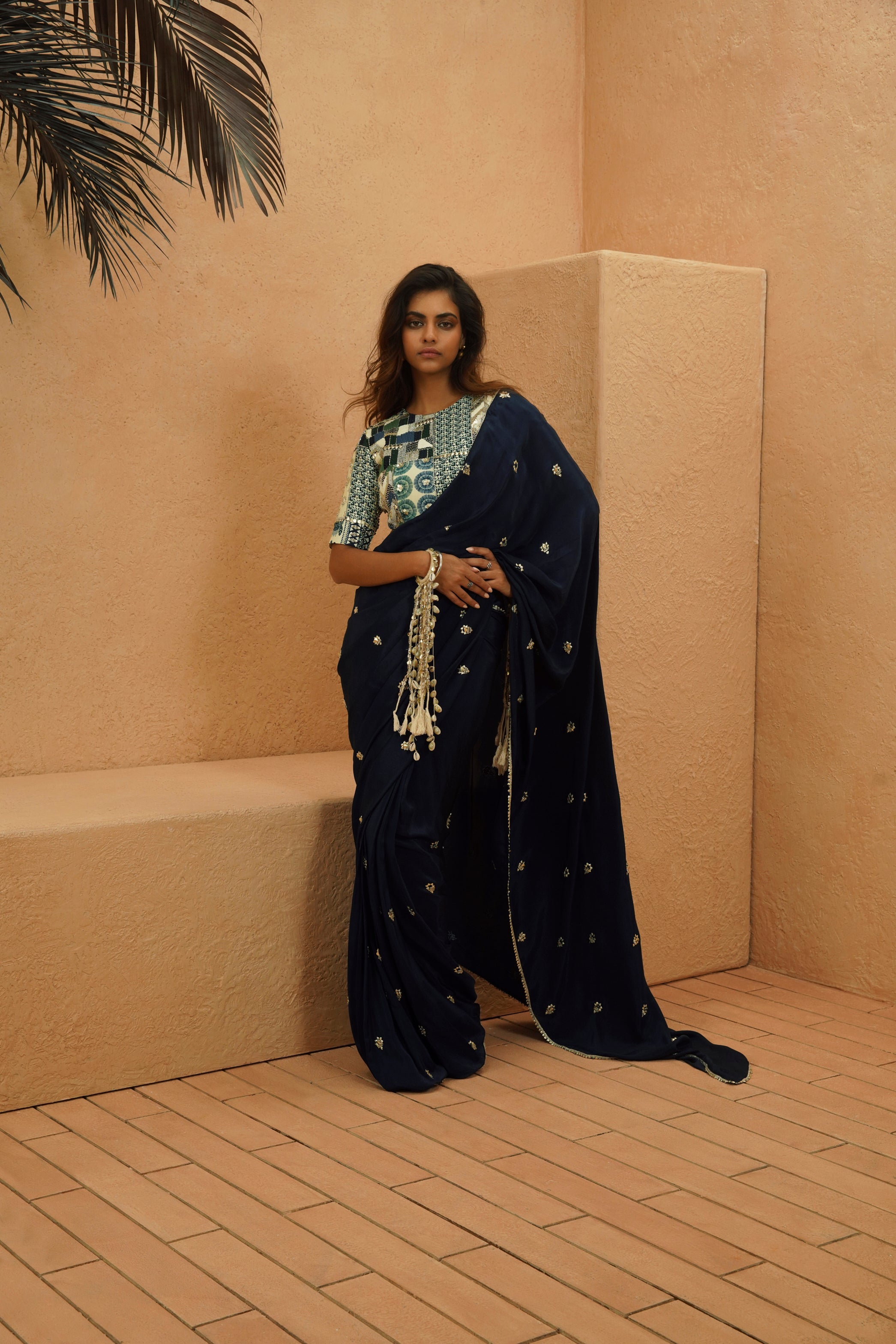 LAYLA MIDNIGHT BLUE EMBELLISHED SAREE WITH PATCHWORK BLOUSE