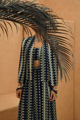 NOURA EMBELLISHED CAPE JACKET WITH BUSTIER AND FLARED PANT