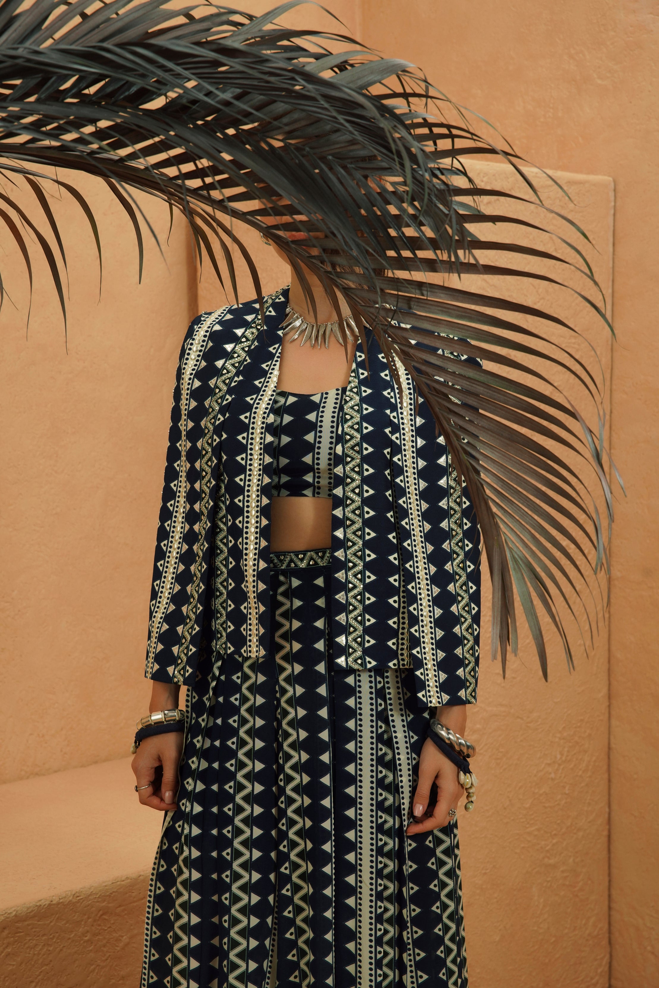 NOURA EMBELLISHED CAPE JACKET WITH BUSTIER AND FLARED PANT