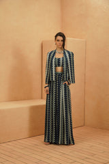 NOURA EMBELLISHED CAPE JACKET WITH BUSTIER AND FLARED PANT