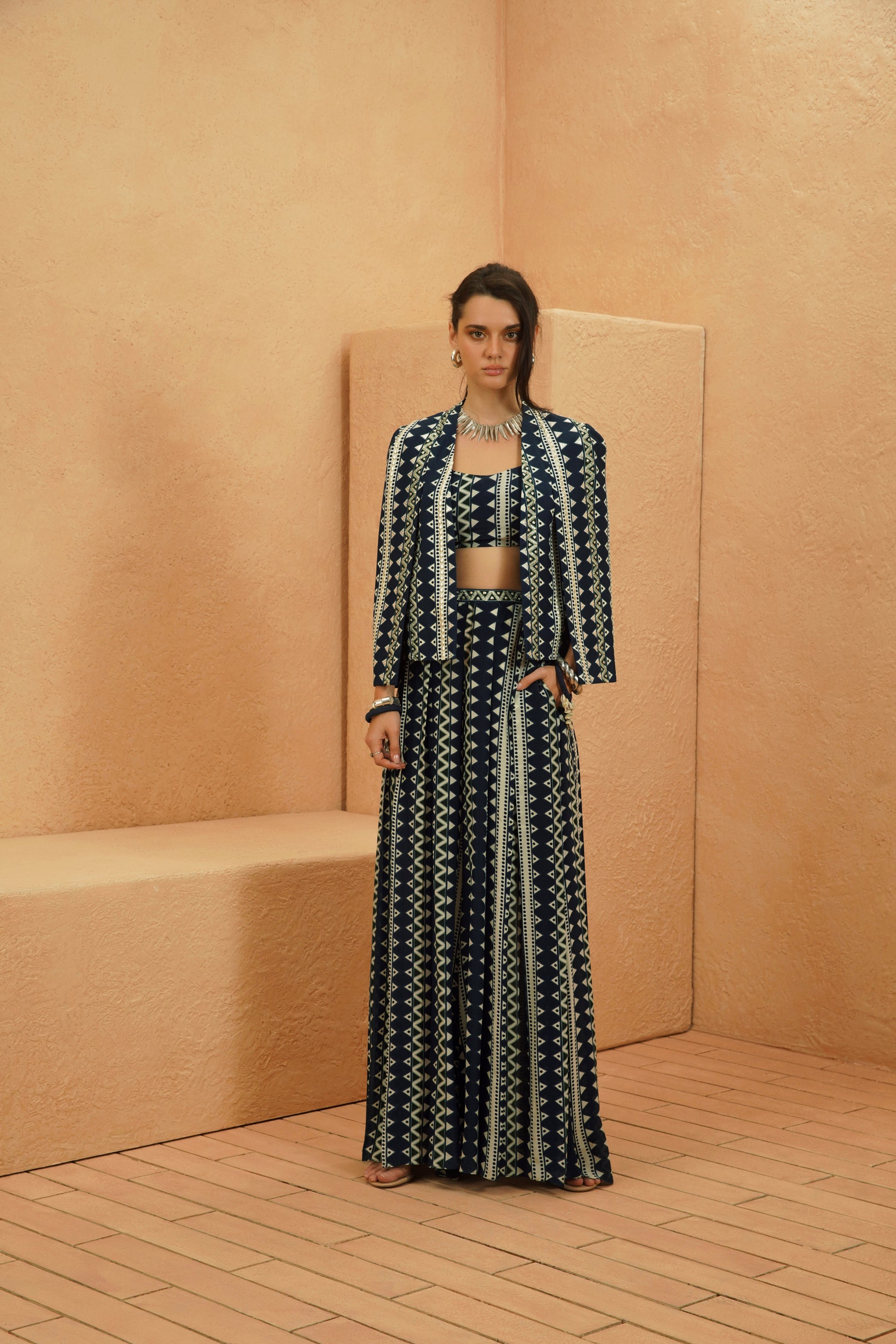 NOURA EMBELLISHED CAPE JACKET WITH BUSTIER AND FLARED PANT