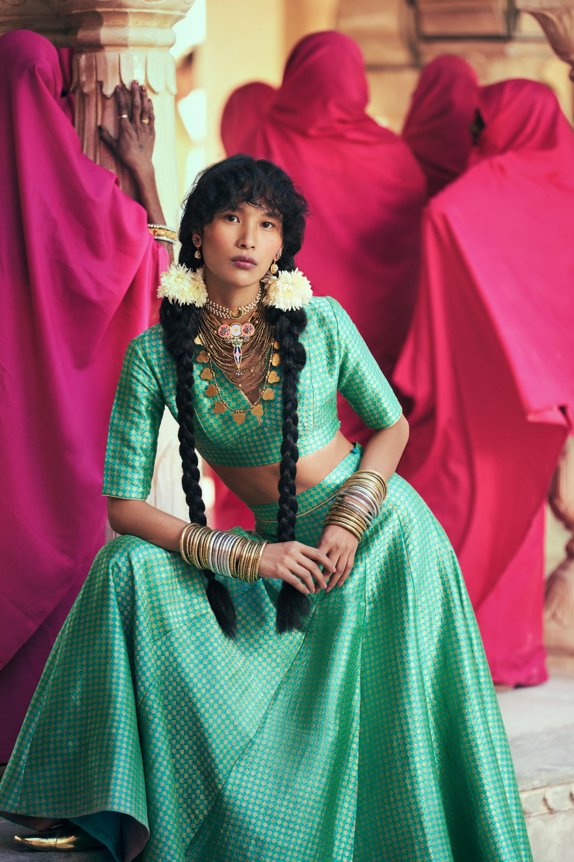 Katan Silk Fekua Weave Lehenga & Blouse with Organza Dupatta