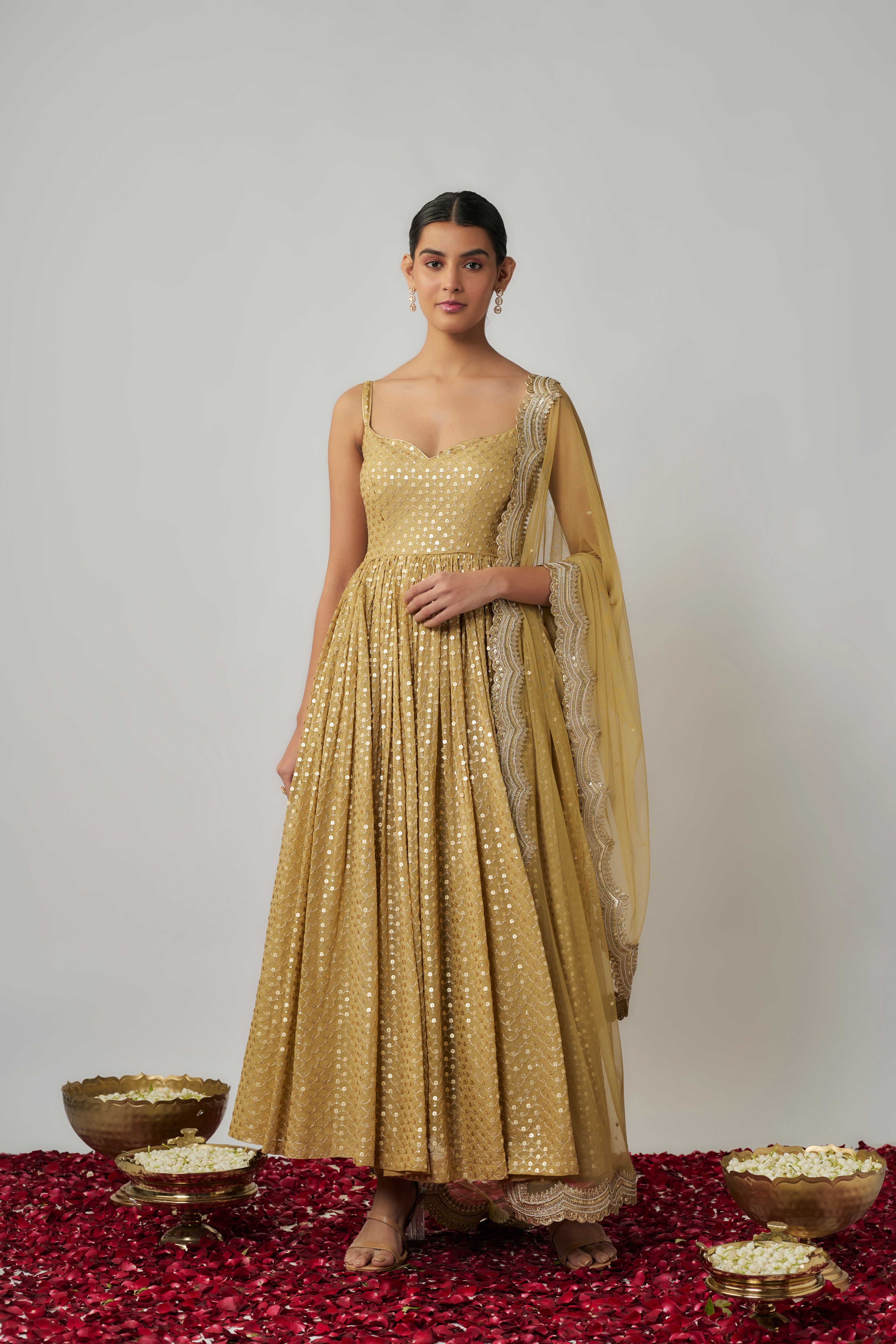 Champagne gold sequin embroidered georgette anarkali suit set