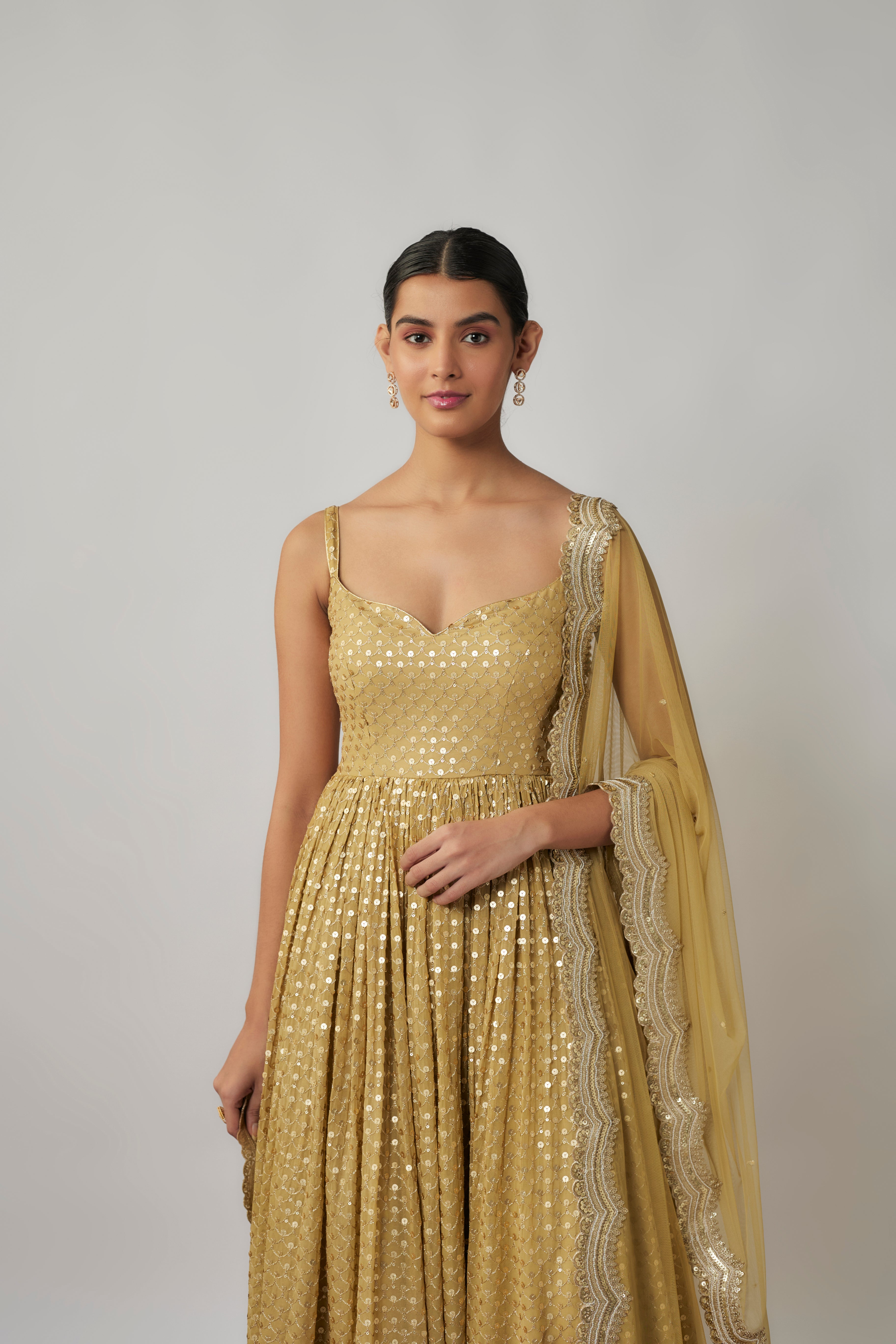 Champagne gold sequin embroidered georgette anarkali suit set