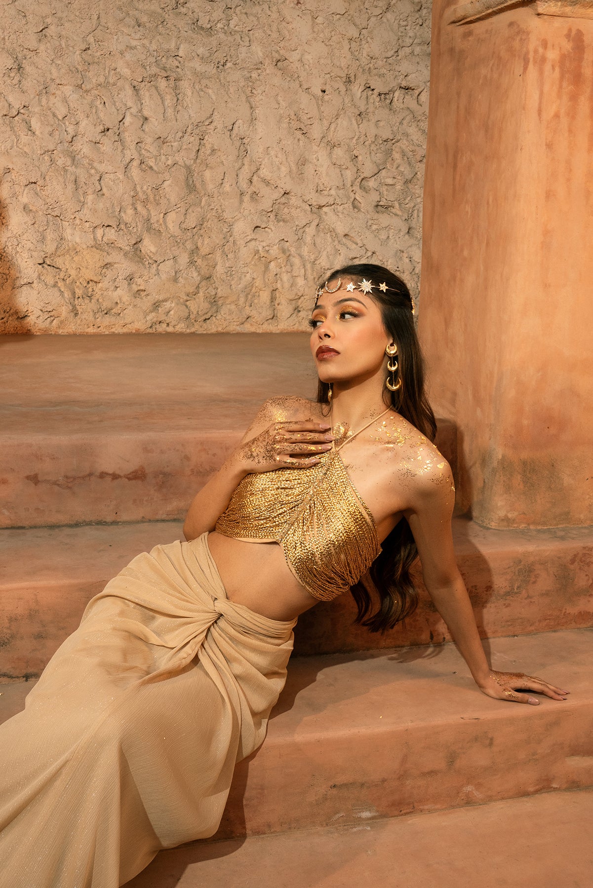 ZEVA SKIRT SET- Knotted draped skirt and v-hem gold top
