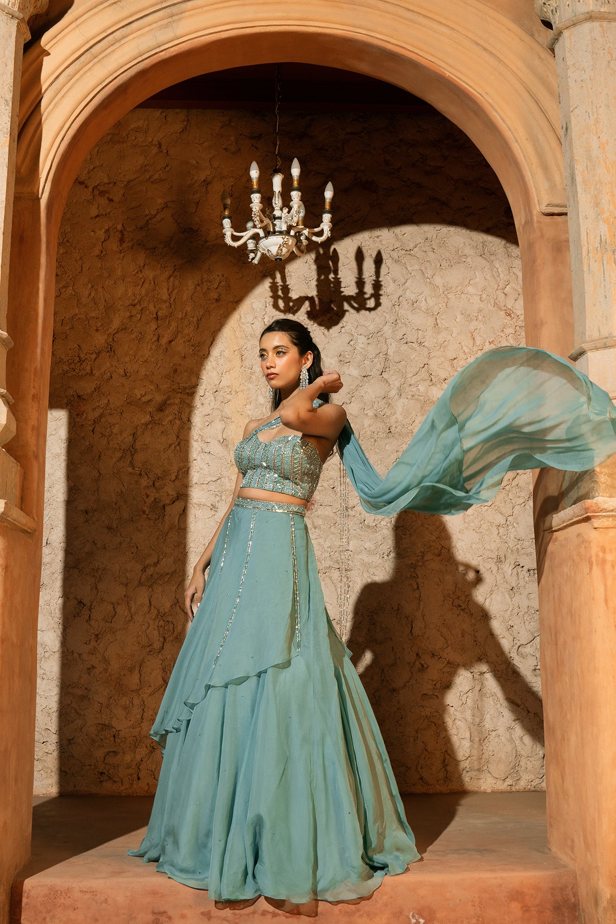 ZEPHYR LEHENGA- Corset blouse and drapes panelled lehenga