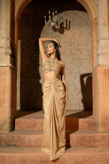 KLEIO SKIRT SET- Knotted draped skirt and embroidered v-hem blouse