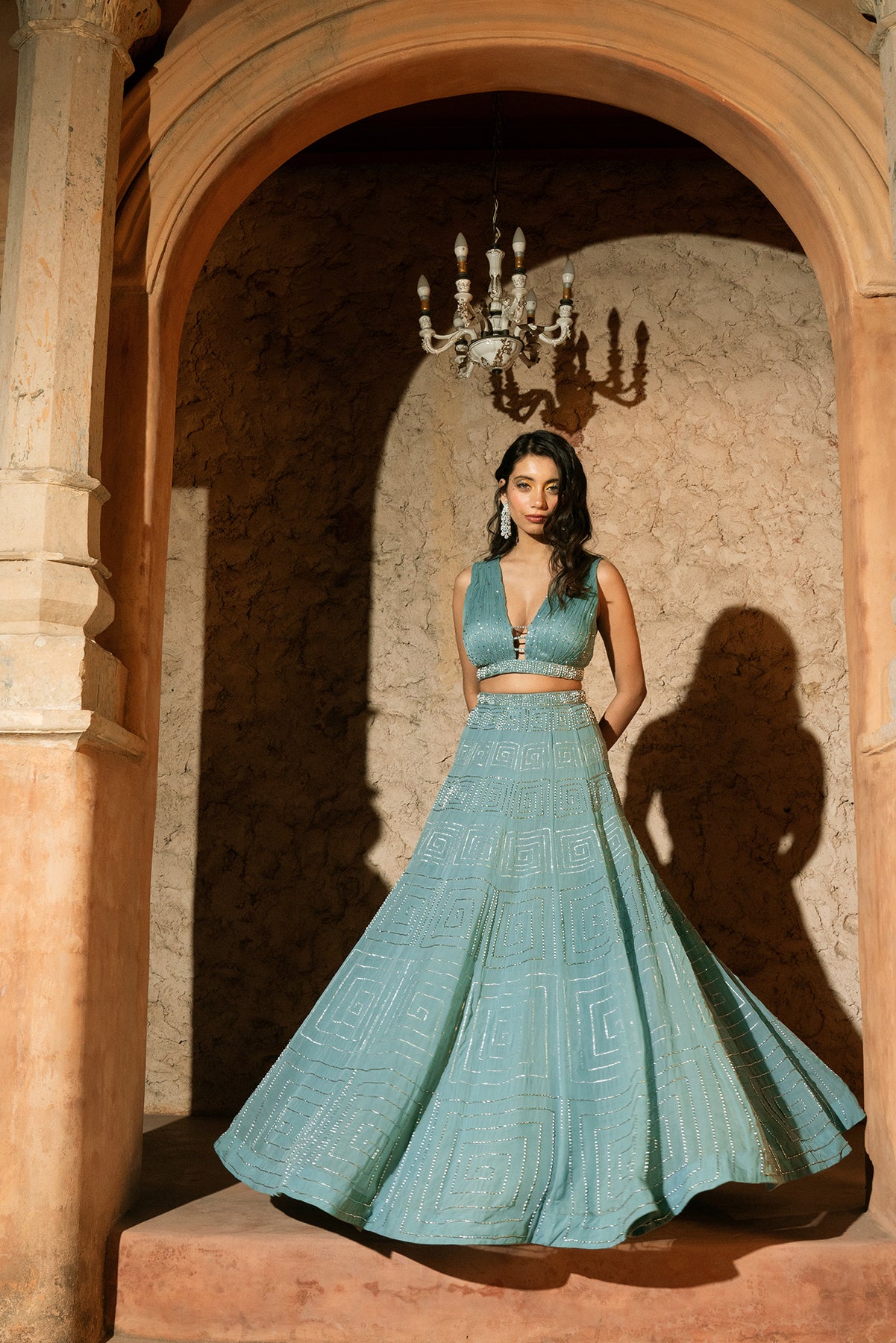 MEANDER LEHENGA-Rucched blouse and lehenga with dupatta