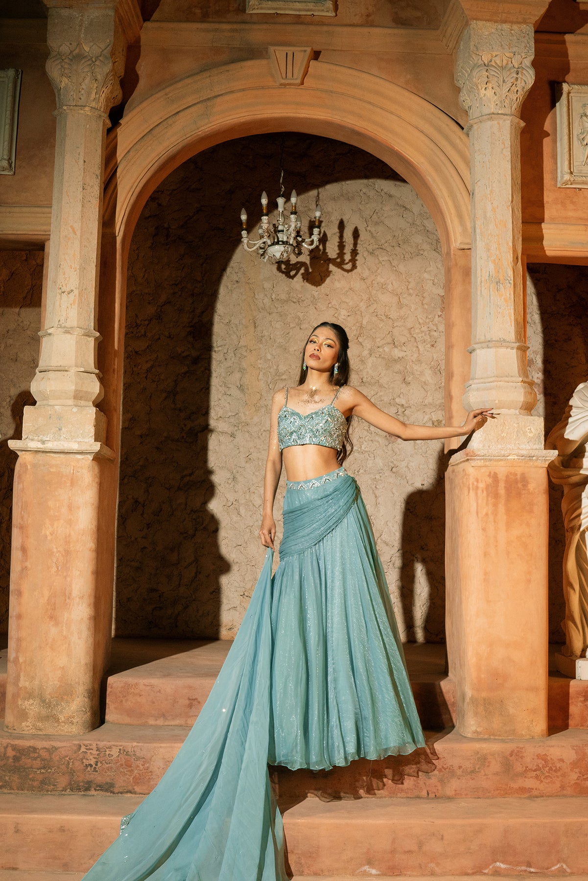 ARAXIE LEHEENGA- Cowl lehenga and embroidered top and dupatta