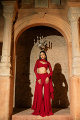 ELENI PANT SET- Ruchhed embroidered blouse with flared pant and stole