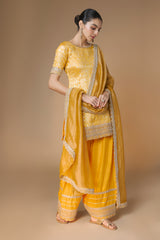 Sunset yellow brocade kurta and farshi salwar set