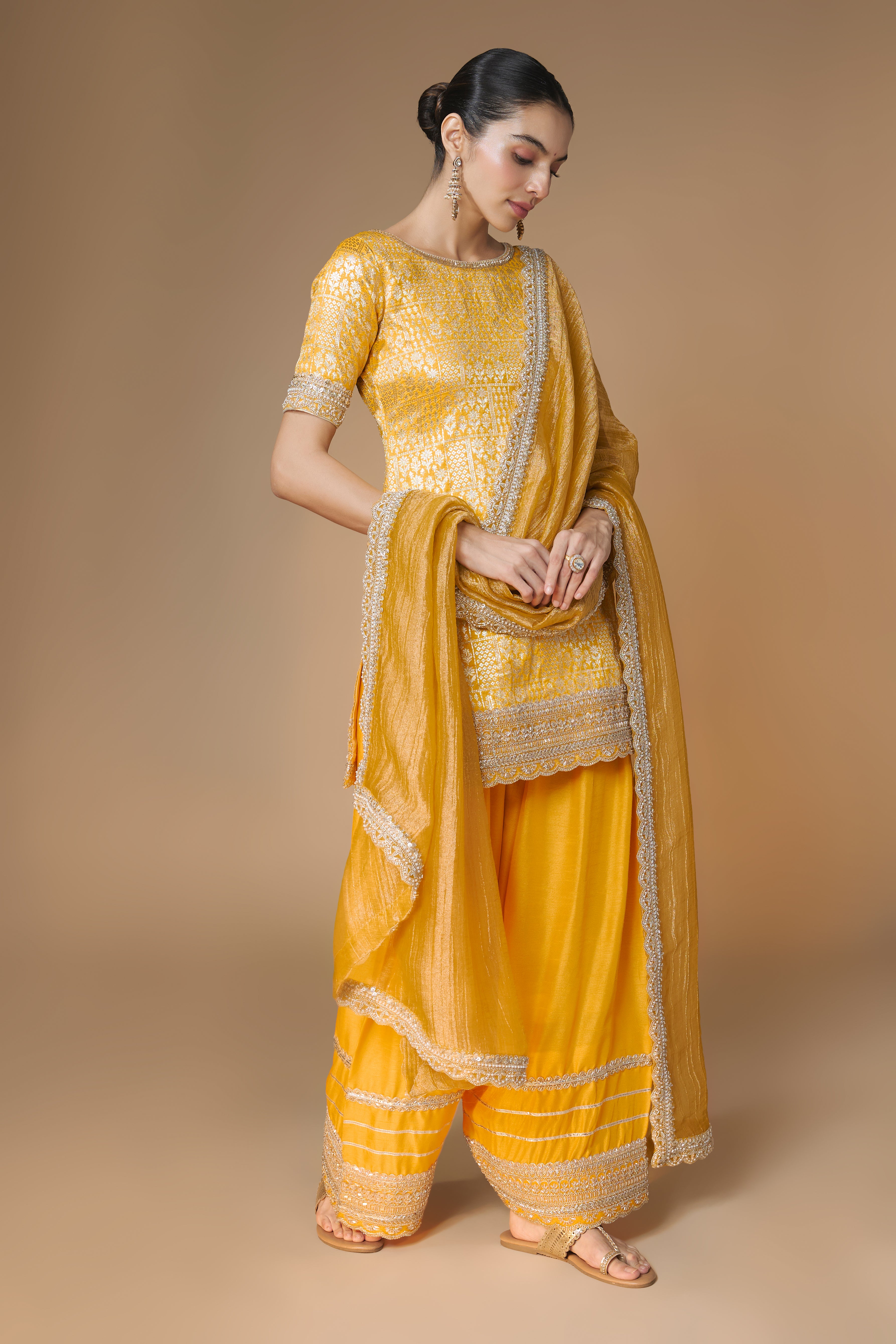 Sunset yellow brocade kurta and farshi salwar set