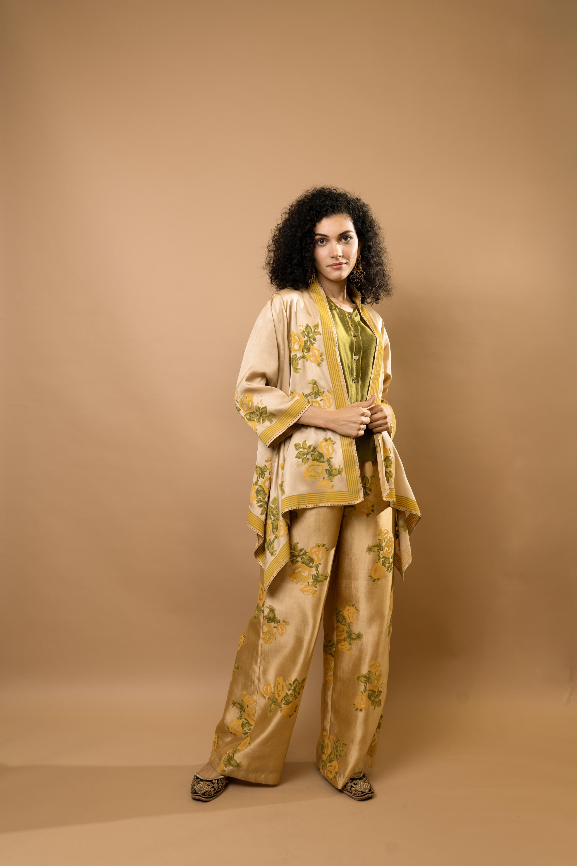 block-printed jacket with rosettes