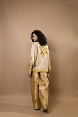 block-printed jacket with rosettes