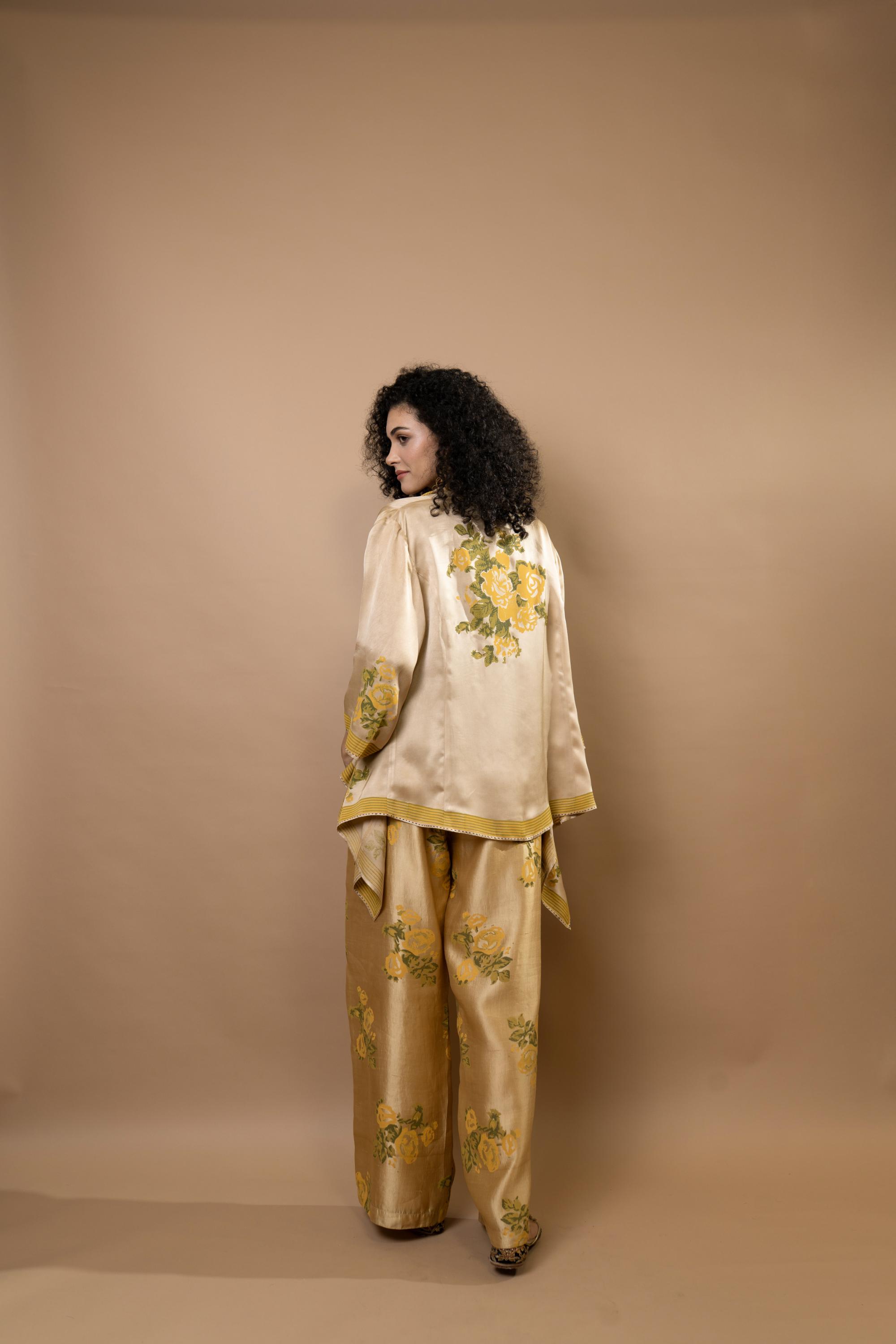 block-printed jacket with rosettes
